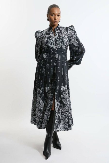 Karen Millen Plus Size Mono Floral Woven Button Up Maxi Dress Women Black Tailoring