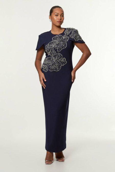 Karen Millen Plus Size Placed Floral Crystal Embellished Tailored Cape Maxi Dress Women Navy Maxi Dresses