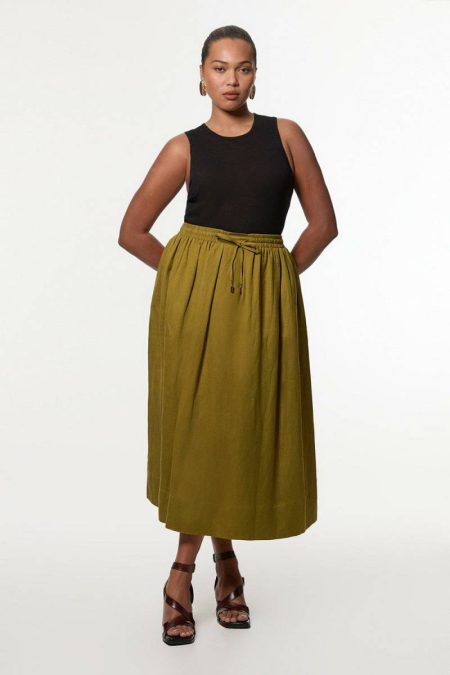 Karen Millen Plus Size Viscose Linen Tie Waist Woven Full Maxi Skirt Women Khaki Skirts
