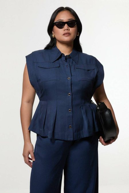 Karen Millen Plus Size Viscose Linen Topstitch Woven Blouse With Waist Seam Detail Tops Women Navy