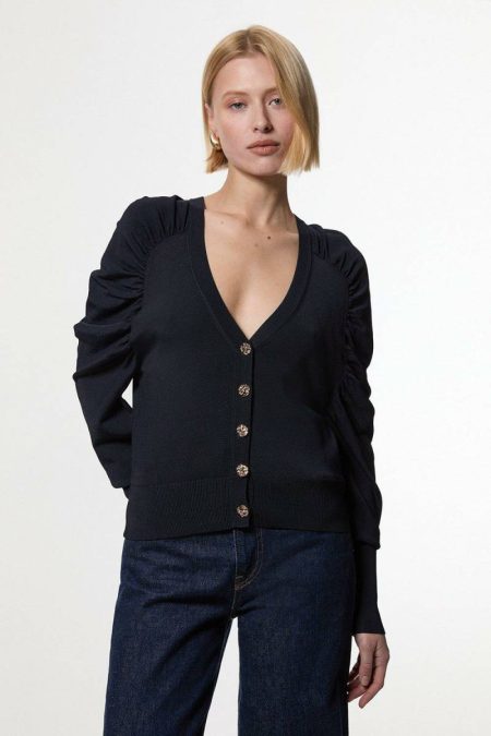 Karen Millen Premium Drapey Knit Ruched Sleeve Cardi Red Women Tailoring