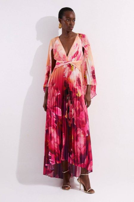 Karen Millen Purple Maxi Dresses Petite Ombre Floral Soft Pleated Woven Maxi With Cape Detail Women