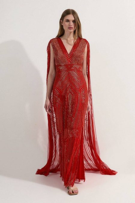 Karen Millen Red Maxi Dresses Tall Premium Embellished Caped Maxi Dress Women