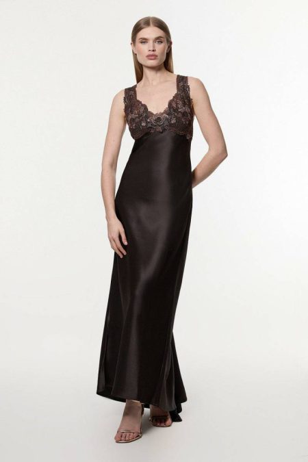 Karen Millen Satin Guipure Lace Woven Maxi Slip Dress Chocolate Maxi Dresses Women