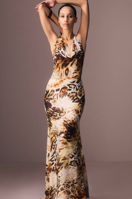 Karen Millen Sheer Viscose Georgette Sketchy Animal Deep V Woven Halter Neck Dress Women Maxi Dresses Animal