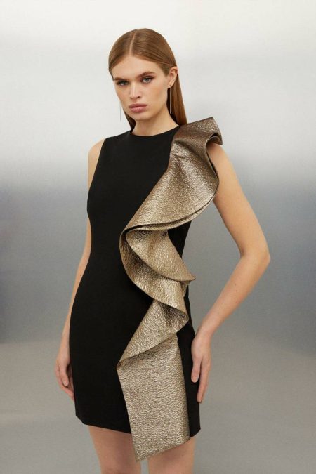 Karen Millen Silver Midi Dresses Compact Stretch Frill Detail Mini Dress Women