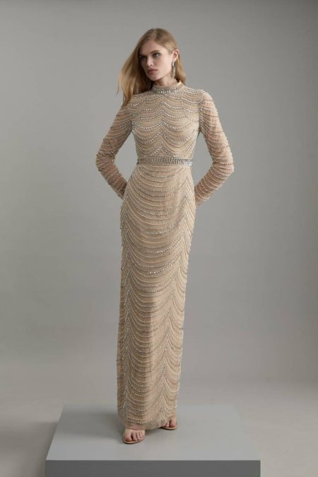 Karen Millen Silver Tailoring Embellished Woven Long Sleeved Maxi Dress Women