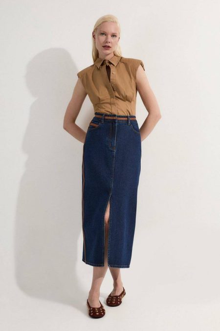 Karen Millen Skirts Denim & Faux Leather Tipped Side Pencil Midi Skirt Light Blue Women