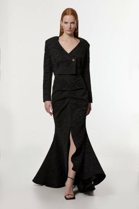 Karen Millen Skirts Women Crinkle Satin Pleated Tailored Maxi Skirt Black