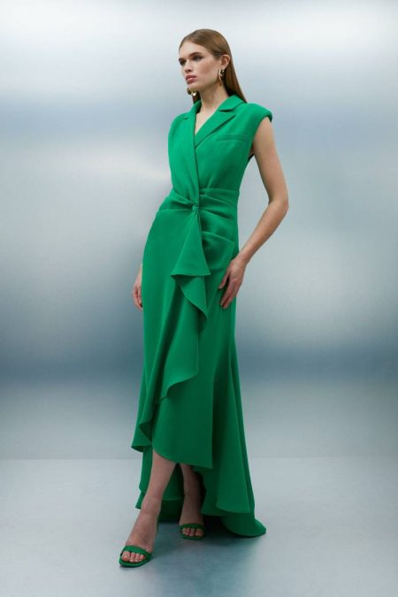Karen Millen Soft Tailored Color Block Drape Maxi Dress Women Emerald Maxi Dresses