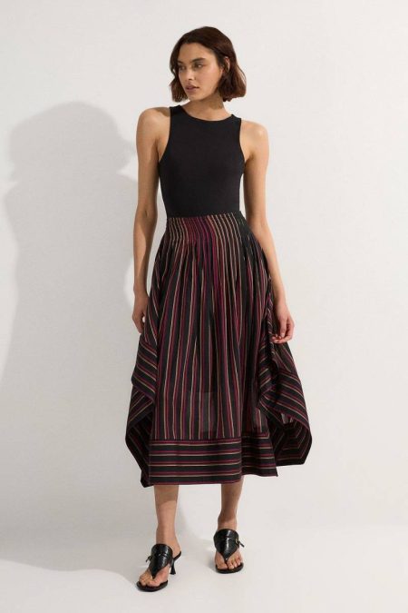Karen Millen Stripe Premium Cotton Tailored Full Maxi Skirt Women Skirts