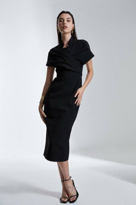 Karen Millen Structured Crepe Cape Detail Midi Dress Women Tailoring Bright Green