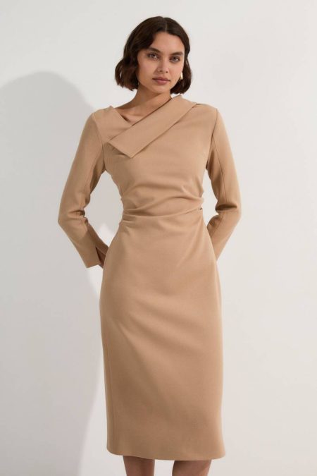 Karen Millen Structured Crepe Tailored Asymmetrical Collared Fitted Maxi Dress Maxi Dresses Camel Women