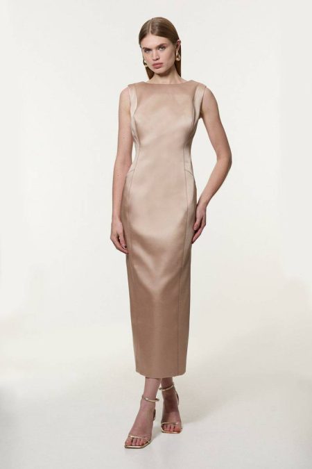 Karen Millen Structured Viscose Satin Stitch Detail Tailored Pencil Maxi Dress Maxi Dresses Women Champagne