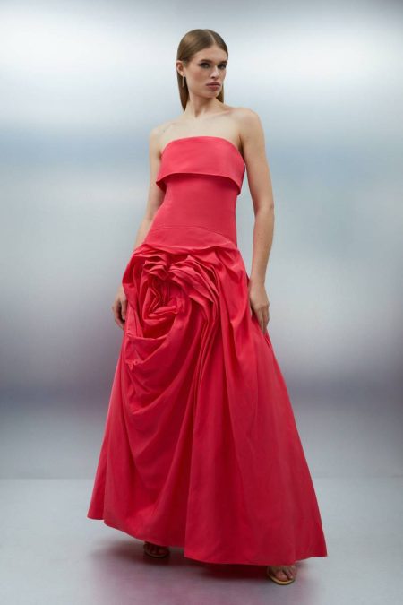 Karen Millen Taffeta Bandeau Tailored Rosette Pleat Maxi Dress Mono Maxi Dresses Women