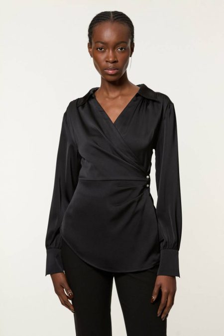 Karen Millen Tailoring Black Satin Back Crepe Pearl Detail Wrap Blouse Women