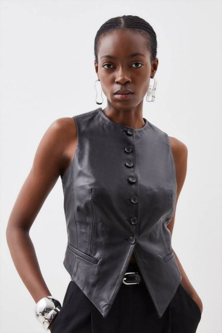 Karen Millen Tailoring Black Women Leather Tailored Button Vest