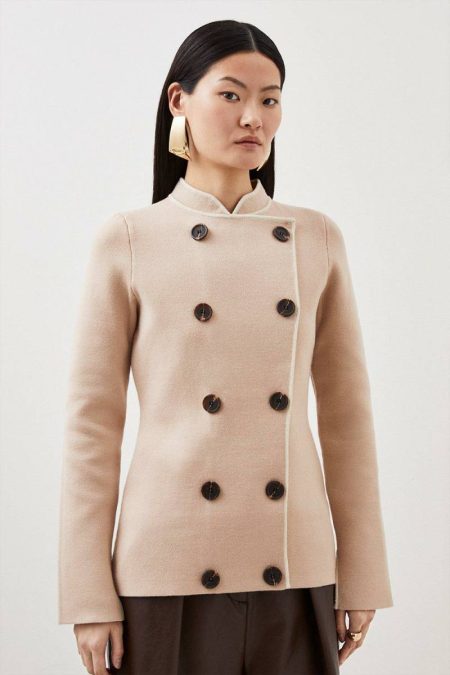 Karen Millen Tailoring Cream Women Compact Knit Wool Look Contrast Color Double Breasted Jacket