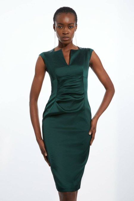 Karen Millen Tailoring Forest Italian Satin Tailored Envelope Neck Pencil Midi Dress Women