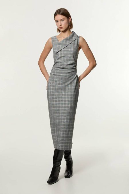 Karen Millen Tailoring Grey Women Grey Check Tailored Full Skirted Asymmetrical Maxi Dress