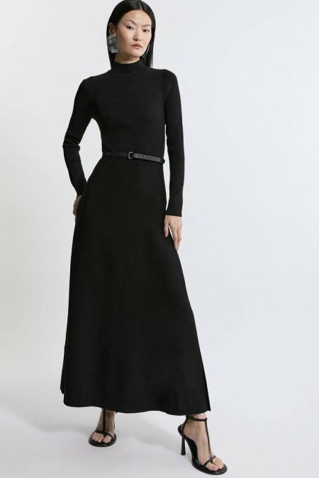 Karen Millen Tailoring Ivory Viscose Blend Rib Knit Belted Midi Dress Women
