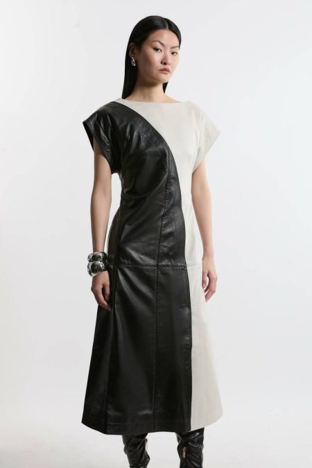 Karen Millen Tailoring Leather Color Block Midi Dress Women Mono