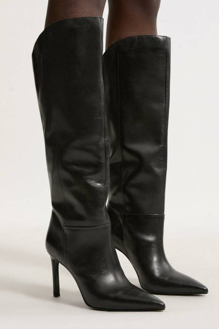 Karen Millen Tailoring Leather Pointed High Heel Western Boot Black Women