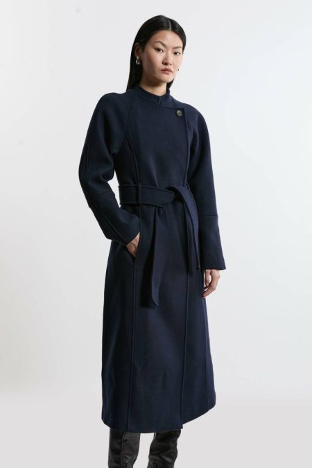 Karen Millen Tailoring Navy Premium Italian Manteco Wool Collarless Belted Tailored Maxi Coat Women