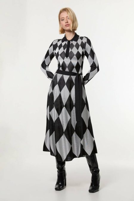 Karen Millen Tailoring Petite Slinky Knit Mono Jacquard Belted Maxi Dress Women Mono