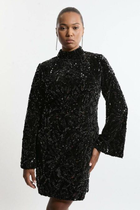 Karen Millen Tailoring Plus Size Velvet Sequin Flare Woven Mini Dress Navy Women
