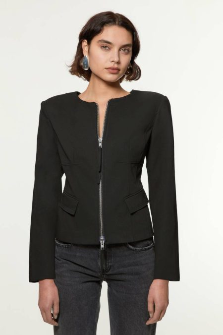Karen Millen Tailoring Stone Women Tailored Viscose Zip Through Multi Stitch Jacket