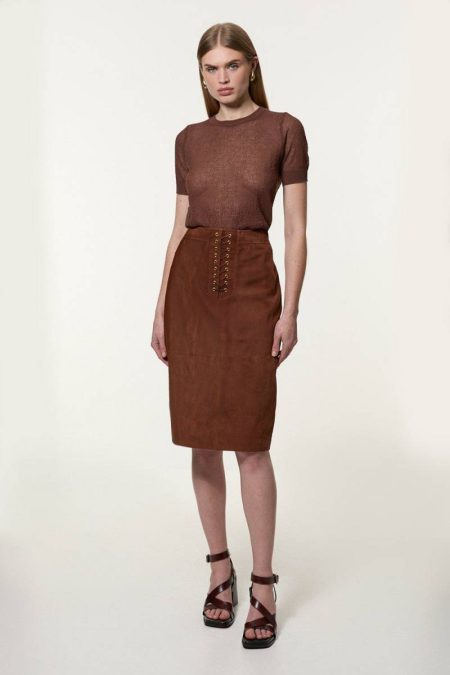 Karen Millen Tailoring Suede Lace Up Pencil Skirt Tan Women