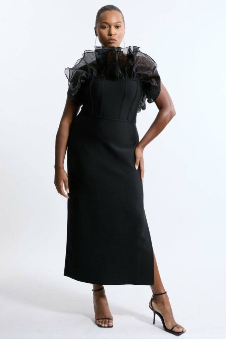 Karen Millen Tailoring Women Black Plus Size Bandage Figure Form Tulle Frill Maxi Dress