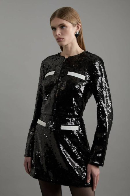 Karen Millen Tailoring Women Black Sequin And Viscose Satin Jacket With Pocket Detail