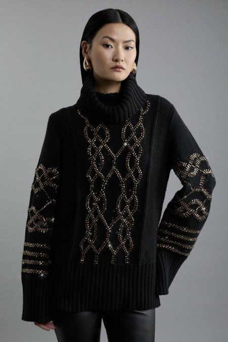 Karen Millen Tailoring Women Embellished Cable Knit Sweater Cream