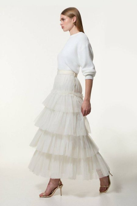 Karen Millen Tailoring Women Ivory Tulle Layered Woven Maxi Skirt