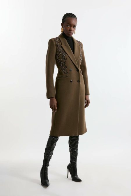 Karen Millen Tailoring Women Khaki Wool Blend Embroidered Embellished Placed Floral Double Breasted Tailored Midi Coat