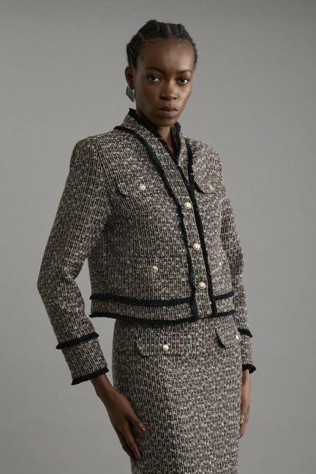 Karen Millen Tailoring Women Multi Petite Wool Mix Boucle Tailored Cropped Collarless Jacket