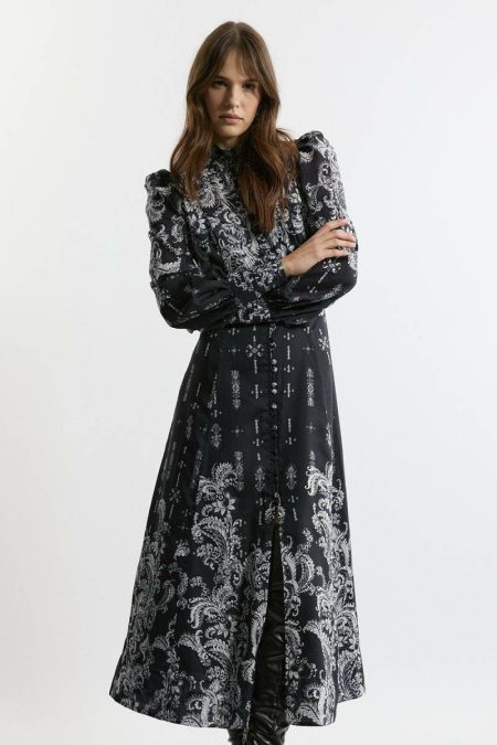 Karen Millen Tailoring Women Petite Mono Floral Woven Button Up Maxi Dress Black