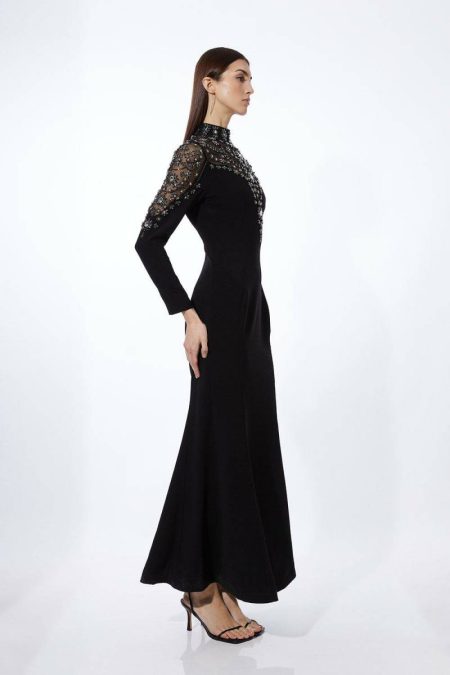 Karen Millen Tailoring Women Petite Premium Crystal Embellished Woven Maxi Dress Black