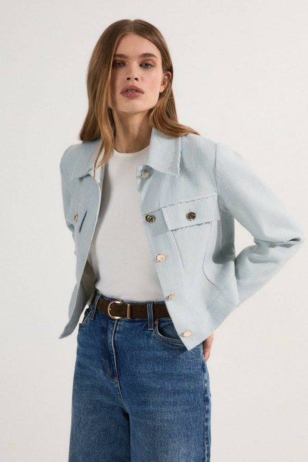 Karen Millen Tailoring Women Petite Spring Tweed Tailored Jacket Pale Blue