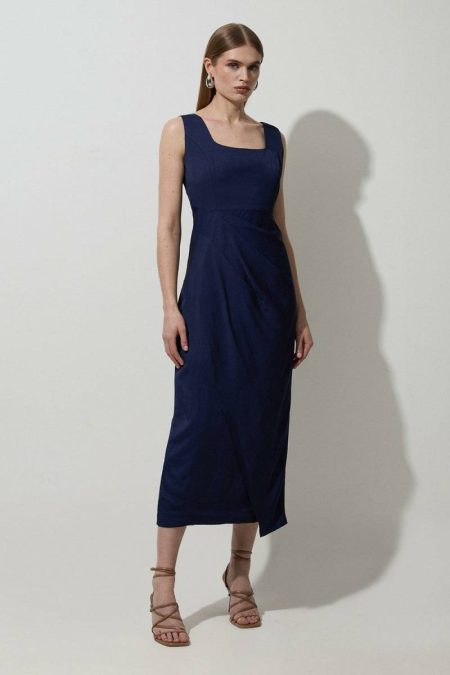 Karen Millen Tailoring Women Petite Tailored Viscose Linen Strappy Pleat Detail Midaxi Dress Navy