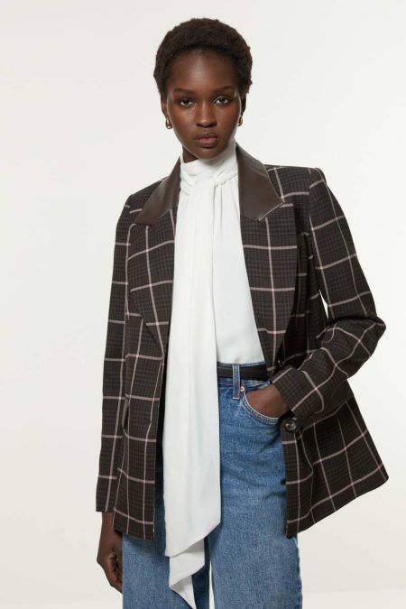 Karen Millen Tall Check Pu Mix Tailored Jacket Tailoring Women Brown