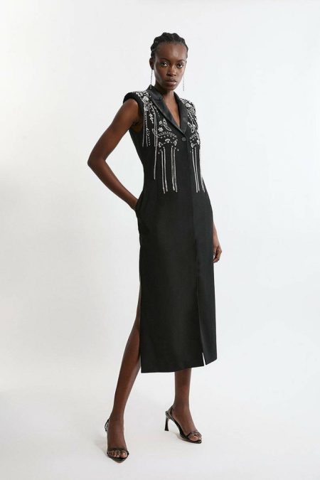 Karen Millen Tall Embellished Detail Plunge Collared Woven Maxi Dress Tailoring Black Women