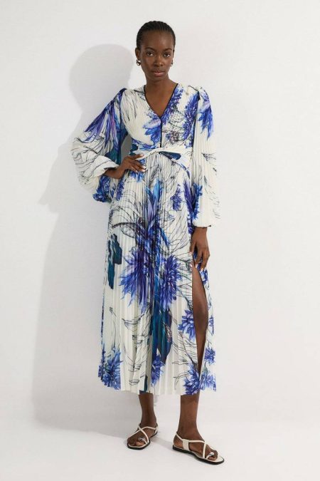 Karen Millen Tall Floral Balloon Sleeve Pleated Crinkle Cut Out Woven Maxi Dress Blue Maxi Dresses Women
