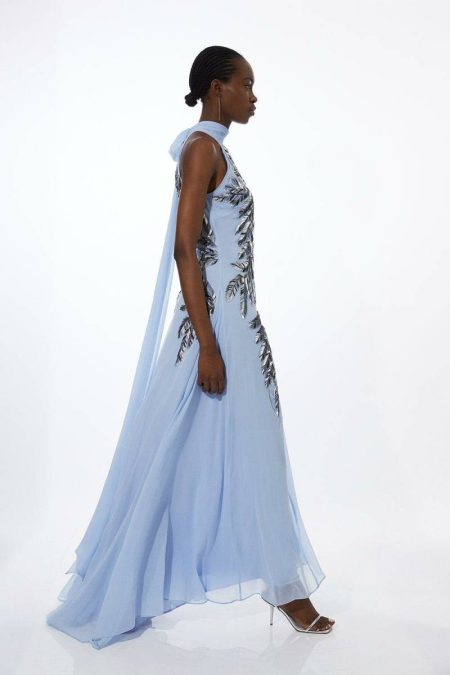 Karen Millen Tall Halter Neck Feather Sequin Detail Woven Maxi Dress Women Blue Tailoring