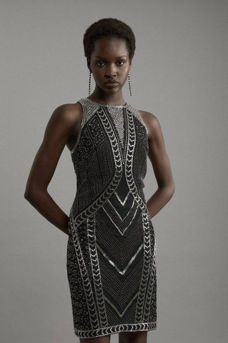 Karen Millen Tall Premium Embellished Sleeveless Cut Out Mini Dress Tailoring Black Women