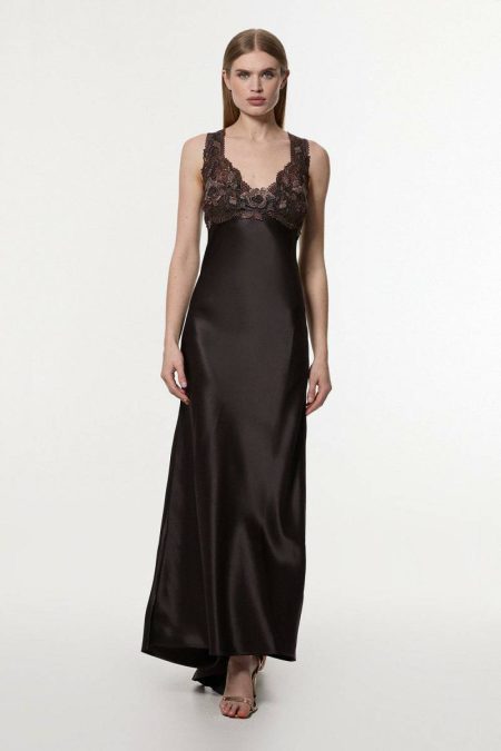 Karen Millen Tall Satin Guipure Lace Woven Maxi Slip Dress Women Chocolate Maxi Dresses