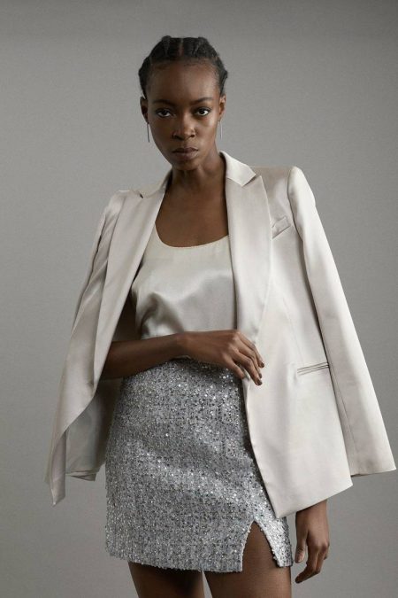 Karen Millen Tall Sequin Metallic Boucle Belted Tailored Mini Skirt Skirts Silver Women