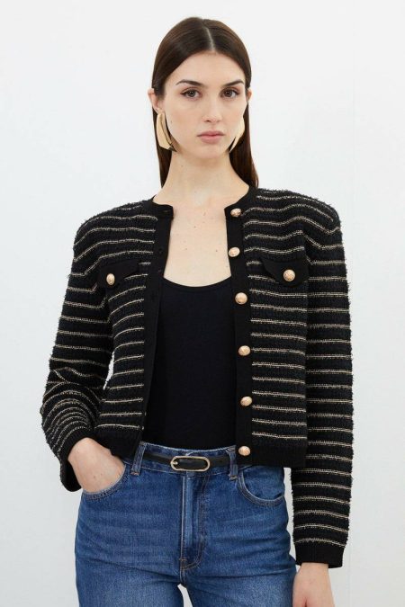 Karen Millen Textured Military Trim Knit Jacket Knitwear Cream Women